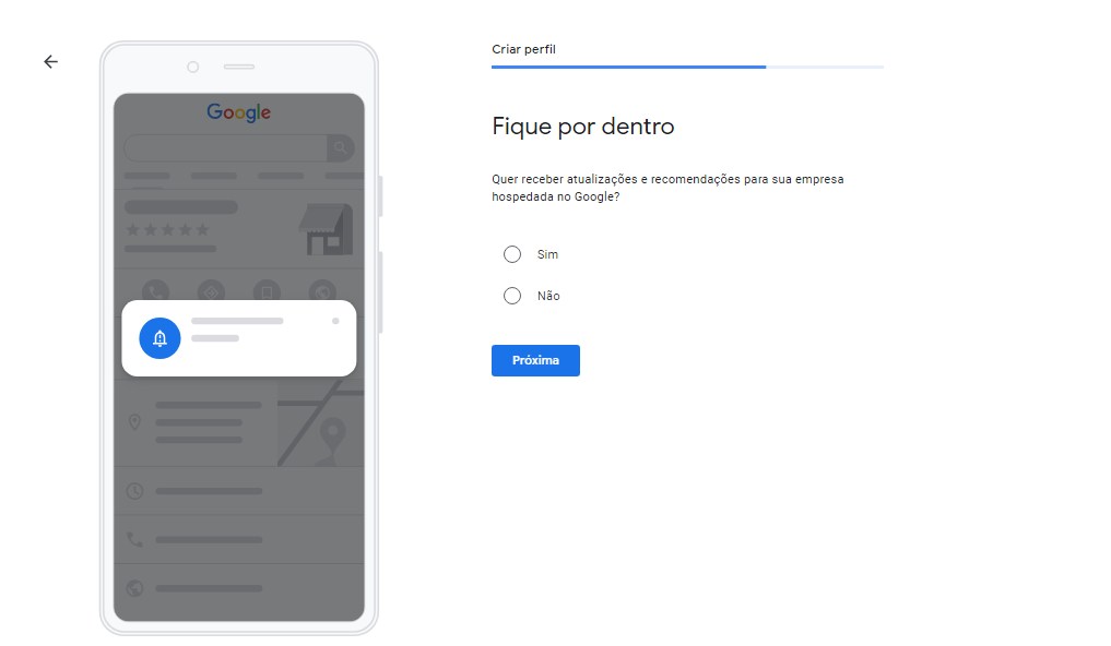 Tela para cadastro do meu negócio no Google - opção de recebimento de atualizações