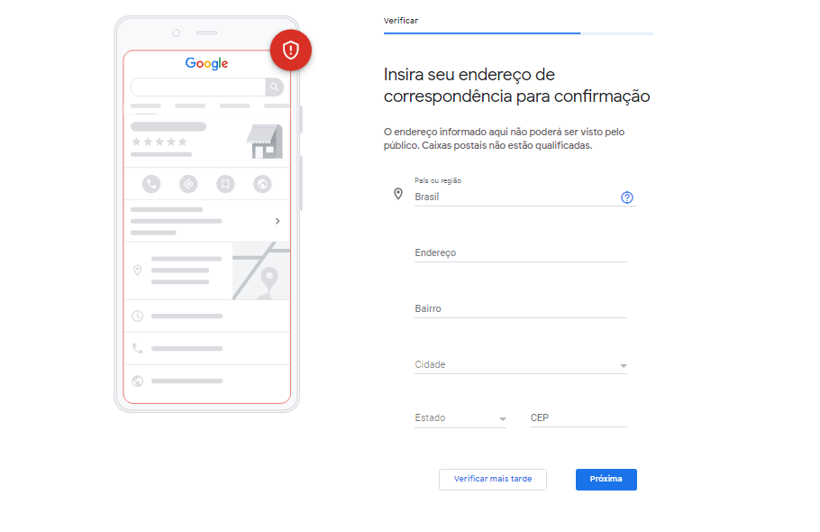 Tela para cadastro do meu negócio no Google - Adicionando endereço para confirmação de correspondência