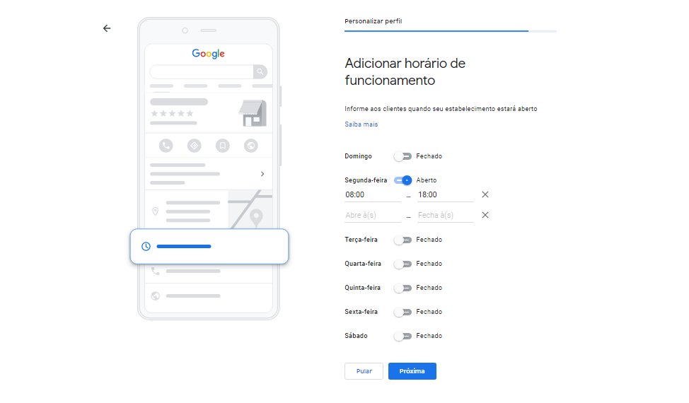 Tela para cadastro do meu negócio no Google - Adicionando horário de funcionamento