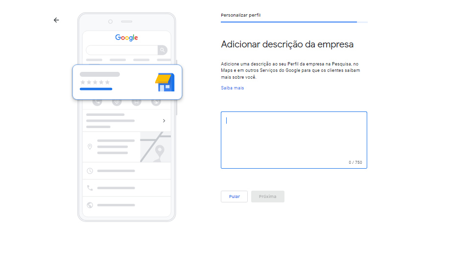 Tela para cadastro do meu negócio no Google - Adicionando descrição da empresa