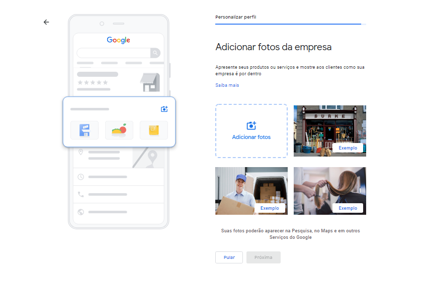 Tela para cadastro do meu negócio no Google - Adicionando fotos