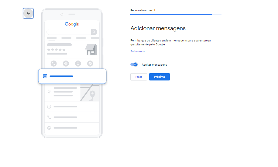 Tela para cadastro do meu negócio no Google - Habilitando envio de mensagens