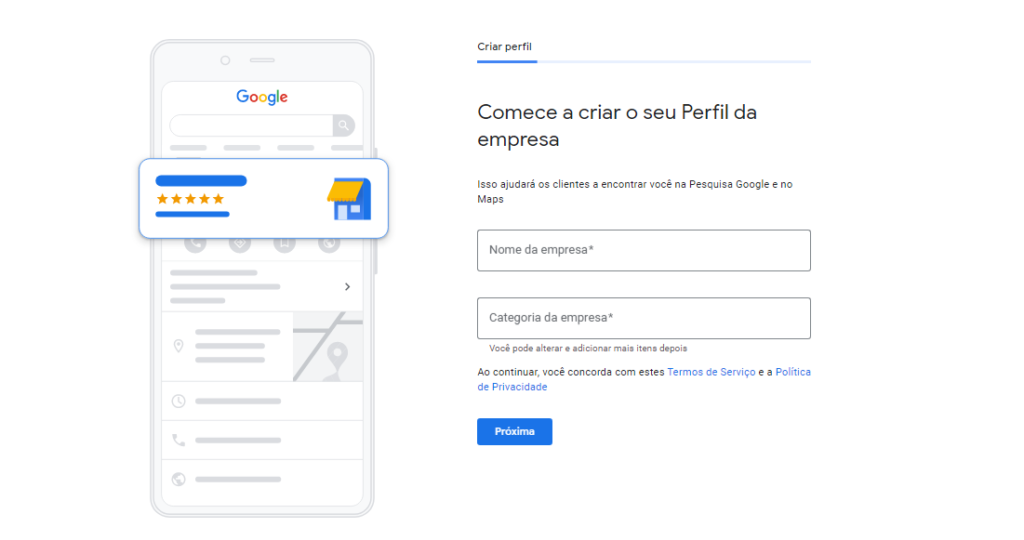 Tela para cadastro do meu negócio no Google - Iniciando perfil da empresa