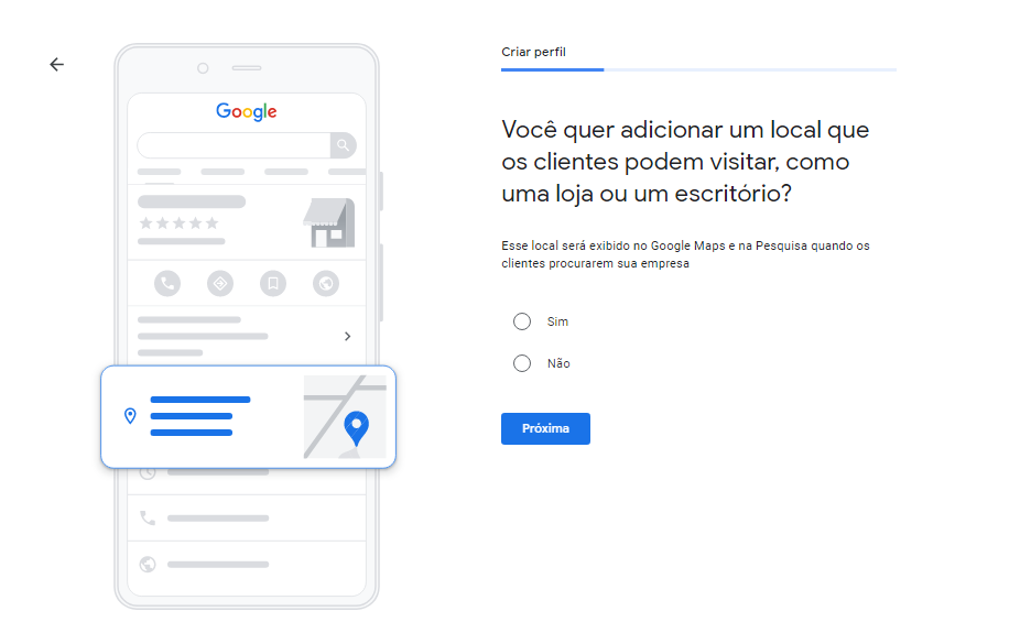Tela para cadastro do meu negócio no Google - Adicionando local de empresa
