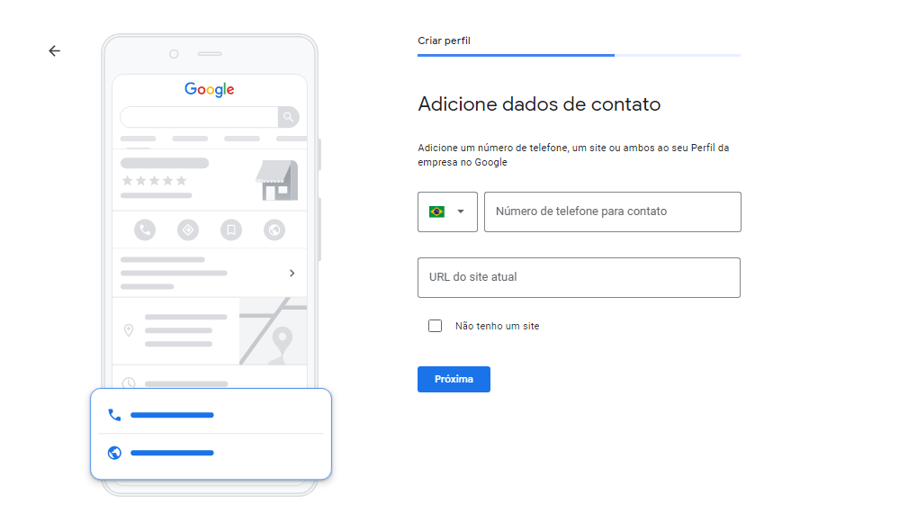 Tela para cadastro do meu negócio no Google - Adicionando dados de contato