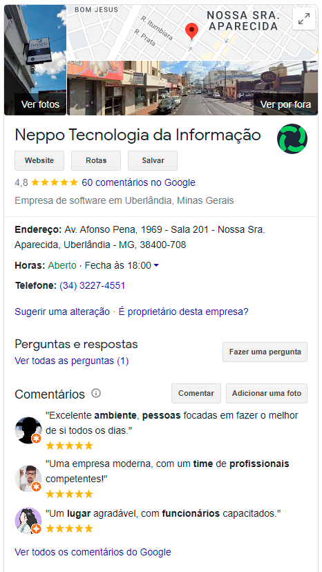 Tela de exemplo de cadastro de negócio no Google - Perfil da Neppo