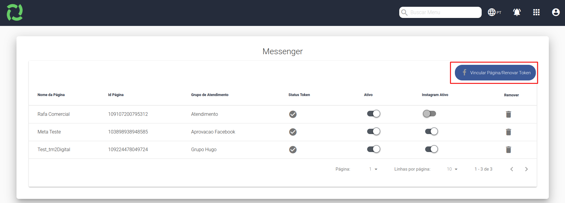 Tela de listagem do Messenger com o botão Vincular Página/Renovar Token em destaque