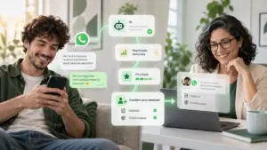 Cliente no WhatsApp e vendedora no computador, com informações da qualificação por IA para a negociação.