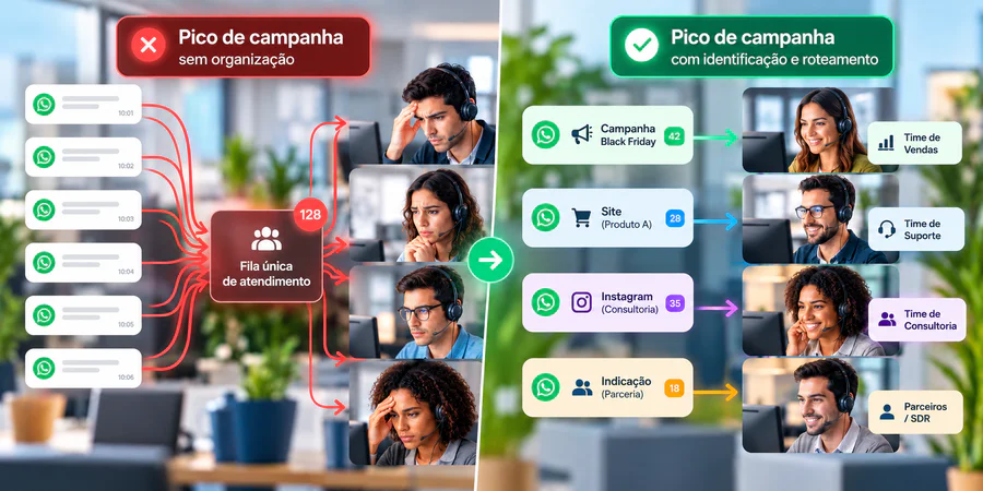 Comparação entre pico de campanha sem organização e com identificação e roteamento